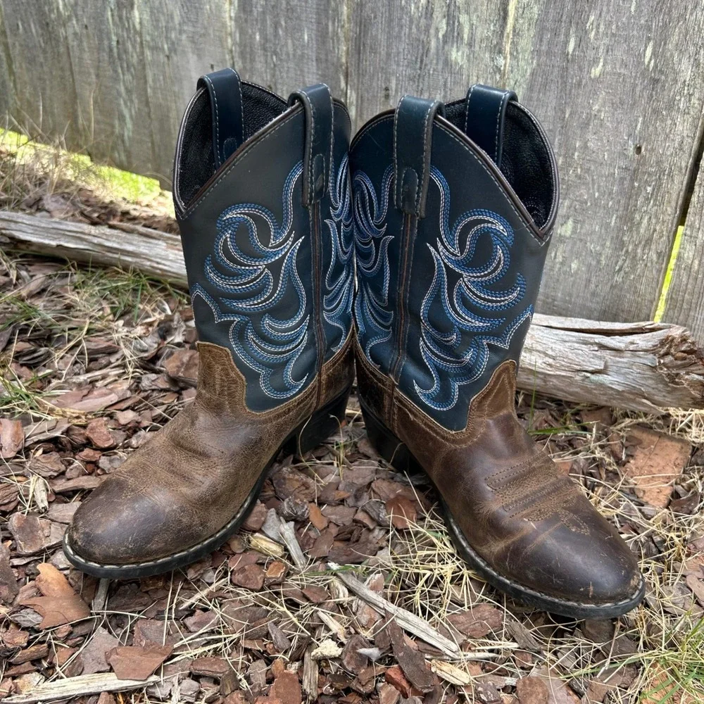 Cody James Western Cowboy Boots Brown Blue Flame Stitching Pull-On Size 1 - Picture 5 of 8
